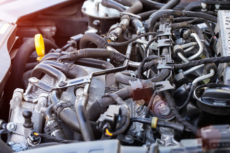 Modern diesel engine with common rail fuel injection system, background, engineering