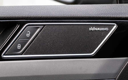 BOBRUISK, BELARUS 20.08.21: Speakers in sound car brand sound system Dynaudio