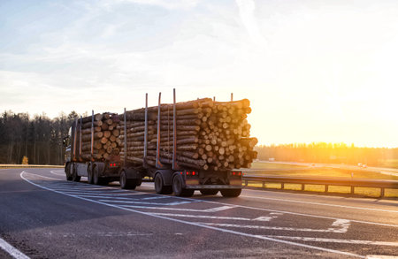 Timber truck with a trailer to transport long timber logs along the motorway. timber transportationの写真素材