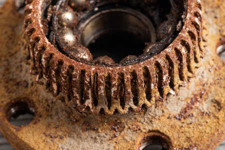 Old rusty wheel hub with a broken bearing. Bearing jamming. Automotive partsの写真素材