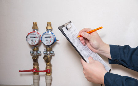 A man writes down the readings of water meters with a pen on paper. The concept of paying for utilities. Rise in price per cubic meter of water, close-upの写真素材
