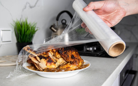 A man wraps a fried chicken in cling film to keep it fresh and smelly. Close-upの写真素材