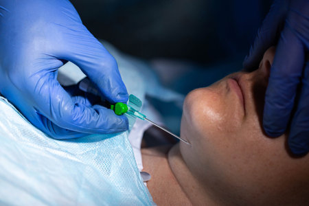 A doctor plastic surgeon removes a double chin from a female patient with the help of self-absorbing...
