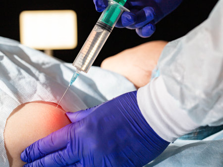 The doctor injects an anti-inflammatory drug into the shoulder joint to treat shoulder pain and...