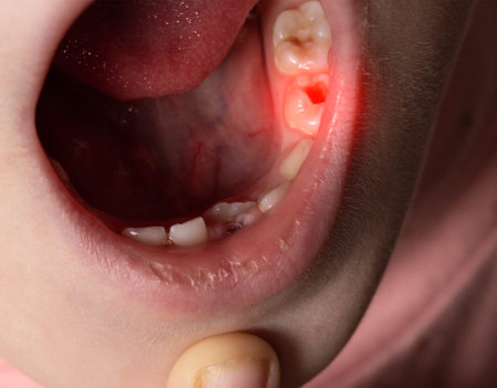 Deep caries in children on milk teeth. Treatment of caries, toothache. Macroの写真素材