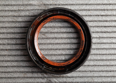 Camshaft oil seal in a car engine on a gray backgroundの写真素材