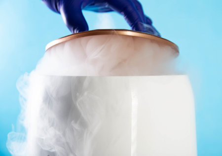 A doctor's hand in a medical glove opens a container with liquid nitrogen to store organs during...