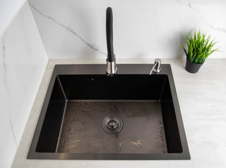 Modern kitchen sink with detergent dispenser and faucet with curved movable hose. Kitchen faucet...