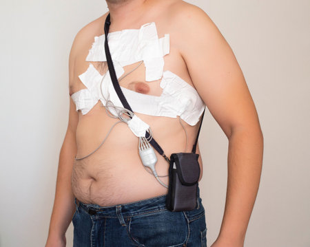 An obese man undergoes a Holter monitoring of the heart. A modern method for studying the heart in caodiology. Arrhythmia and ischemic disease.の写真素材