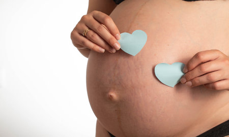 A pregnant girl holds two blue hearts against the background of her belly. The concept of the birth of twin boys.の写真素材