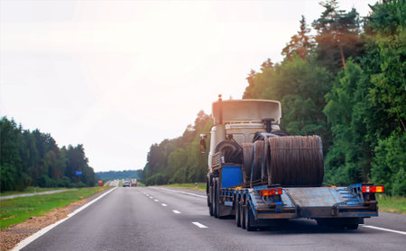 Transportation by truck with a trailer of oversized cargo of coils of cable.の写真素材
