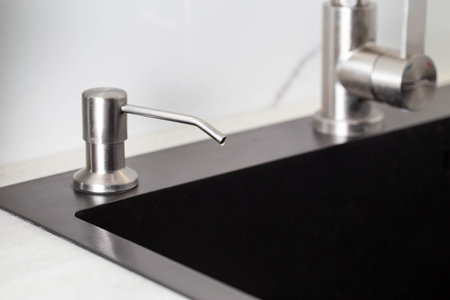 Dispenser in the kitchen built into the sink for dish detergent. Copy space for text
