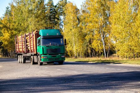 Transportation in trucks with special semi-trailers of forest logs. Transportation of timber and firewood on country roads, industry. Copy space for textの写真素材