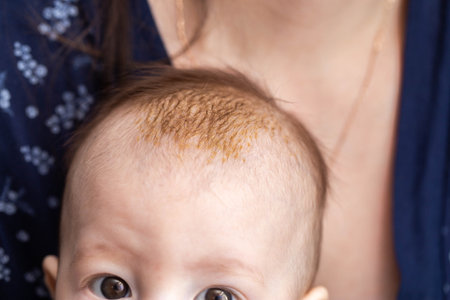 Seborrheic dermatitis on the skin on the head of a 6 month old baby. Yellow scales on the head.の写真素材
