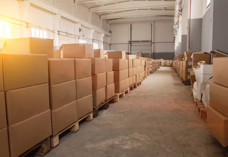 Many boxes of warehouse products are stored in the warehouse. The concept of renting a warehouse for...