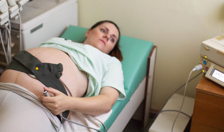 A pregnant woman undergoes a medical examination. Cardiotocography for an infant. A method of functional assessment of the state of the fetus during pregnancy and childbirth, which allows you to see the activity of the baby and the heart rate, gynaecologyの写真素材