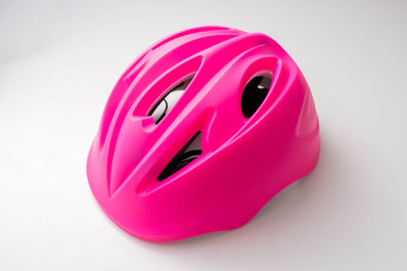 Pink children's protective helmet on a white background, close-up. Damageの写真素材