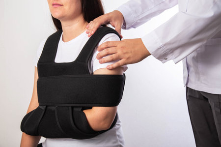 A doctor traumatologist examines a girl patient after a shoulder joint injury. Shoulder bandage. Rehabilitation after injury.の写真素材
