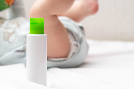 Moisturizing oil with vitamin for the care of dry baby skin. Close-upの写真素材