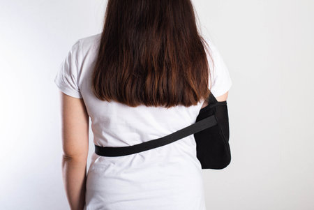 A girl on a white background with a black supporting medical bandage after a dislocation of the shoulder joint and a bone fracture. Rehabilitation after injury, orthopedics.の写真素材