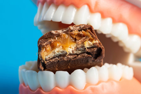 A bitten piece of chocolate in a dental jaw mockup on a blue background. The concept of the effect of sugar and leftover food on teeth and tooth enamel. Tooth destruction by bacteria, caries, pulpitis, close-upの写真素材