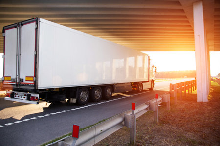 A modern truck with an isothermal refrigerated semi-trailer transports medications and flowers at a constant temperature. Perishable goods. Delivery of goods to different countries. Truck against the backdrop of a summer sunset and a bridge. Copy space for text, frozen foodの写真素材