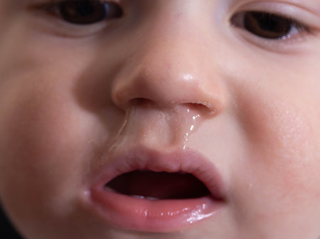 Bacterial diseases in the nose. Yellow snot from the nose of a little boy. Colds and infectious diseases, allergies.の写真素材