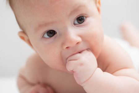 A little boy aged three years old sucks his fists in his mouth. The concept of the sucking reflex in children.の写真素材