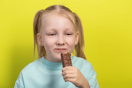 A beautiful joyful girl with white hair of seven years old eats a chocolate bar on a yellow background. Children are lovers of sweet junk food, horizontalの写真素材