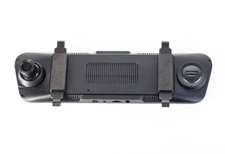 Car mirror with rear view camera and video recorder on a white background, isolate.の写真素材