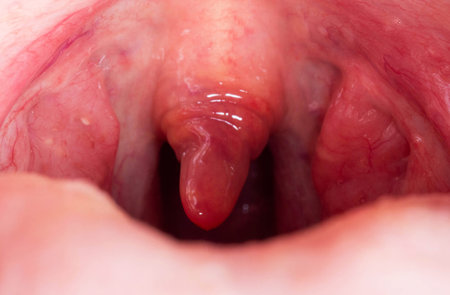 Inflammation of the uvula in the oral cavity due to infection and virus. Treatment of the disease is uvulitis. Red throat due to illness, macroの写真素材