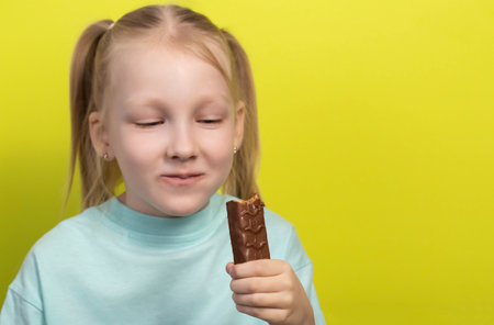 A beautiful joyful girl of seven years old eats a chocolate bar on a yellow background.の写真素材