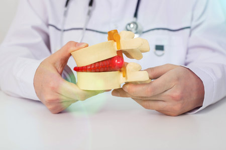 A doctor neurosurgeon holds in his hands a medical model of the spine with an intervertebral hernia....