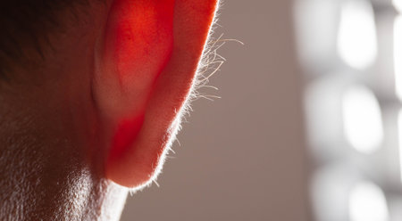 Growing hair on a man's ears, dermatology. Concept of laser hair removal on ears. Copy space for textの写真素材