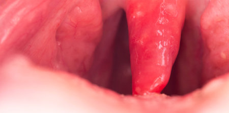 Inflammation of the uvula in the oral cavity due to infection and virus. Treatment of the disease is uvulitis. Red throat due to illness, macro. Copy space for textの写真素材