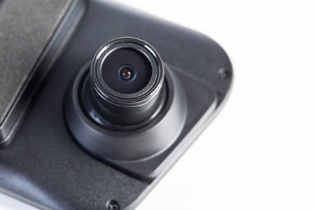 DVR camera eye on a white background, maximum video recording resolution and frame rate. Car mirror with video recorder, close-up. Copy space for textの写真素材