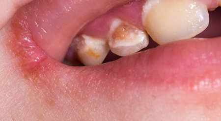 Insufficient hygiene of children's primary teeth. Destruction of enamel and development of caries.