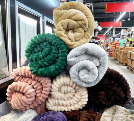 Selling colorful bedspreads in a store, backgroundの写真素材