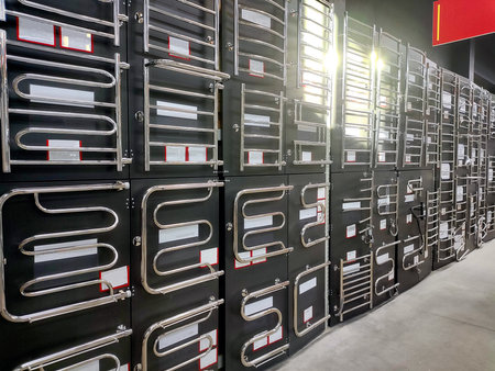 Sale of electric and water heated towel rails on showcase in a hardware storeの写真素材