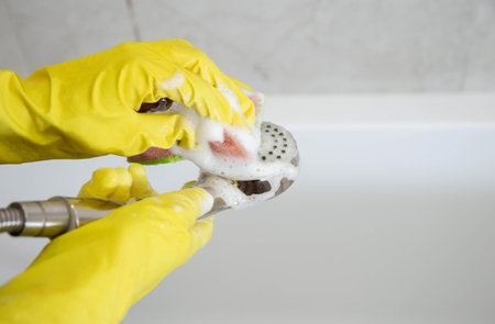 Washing the shower head in the bathroom with a cleaning and bleaching product. Cleaning service, industryの写真素材