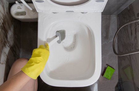 Washing and cleaning the toilet with a brush and detergent to remove dirt, limescale and urinary stone. Cleaning company servicesの写真素材
