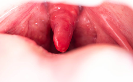 Long uvula with inflammation of infections and viruses. Treatment of uvulitis in children and adults. Sore throat, sore throat.の写真素材