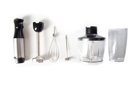 Modern set for immersion blender with whisk, milk frother and bowl on white background. Modern household appliancesの写真素材