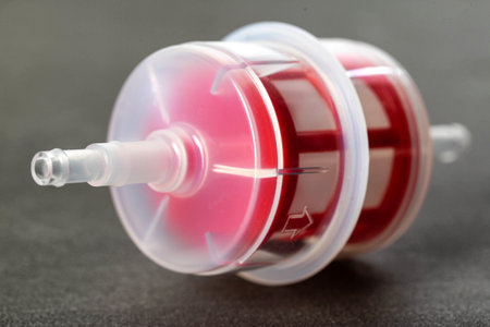 Transparent automotive fine fuel filter on a gray backgroundの写真素材