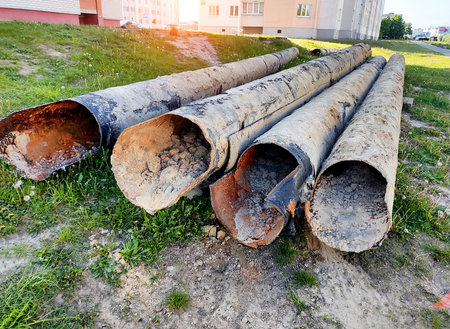 Old rusty pipes of a heating main in the city after replacement, industry.の写真素材