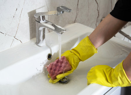 A girl's hands in yellow gloves wash the bathroom sink with a cleaning product for a pleasant smell and shine.の写真素材