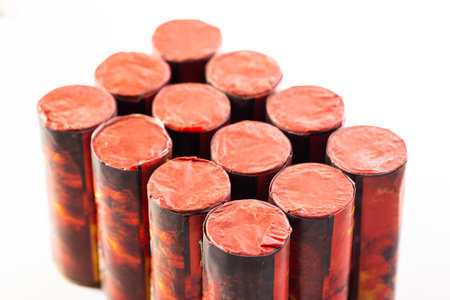 Packaging of flying fireworks on the table. Safety with pyrotechnicsの写真素材