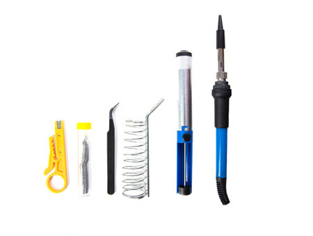 Soldering kit with electric soldering iron and tweezers on a white background isolate, toolsの写真素材