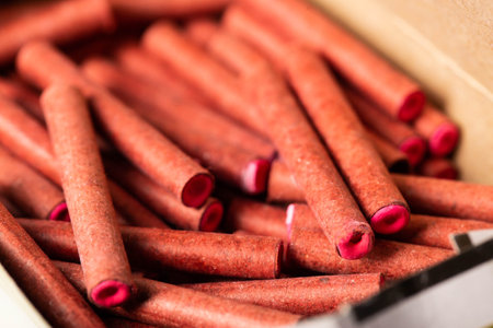 A bunch of firecrackers with red sulfur. Set of pyrotechnicsの写真素材