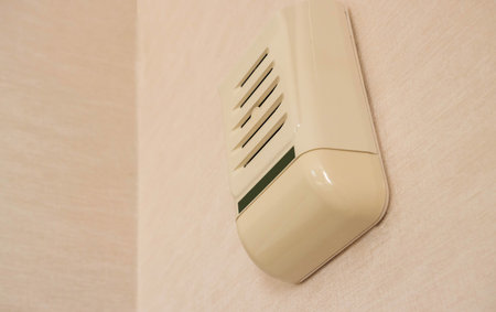 Wall-mounted device for sound notification in case of emergency and fire evacuation, close-up